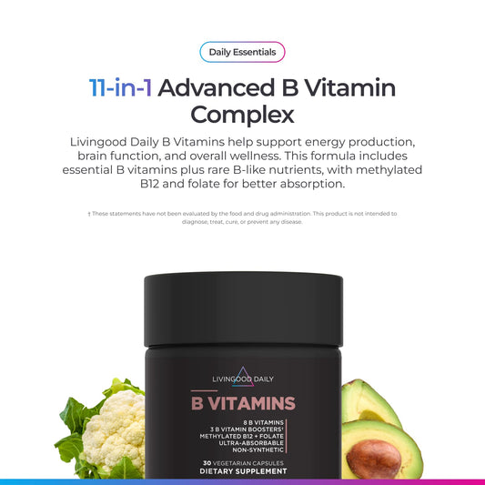Livingood Daily Vitamin B Complex capsules close-up highlighting vegan capsules.