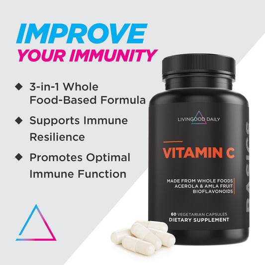 Close-up of Livingood Daily Vitamin C capsules highlighting plant-based formulation.