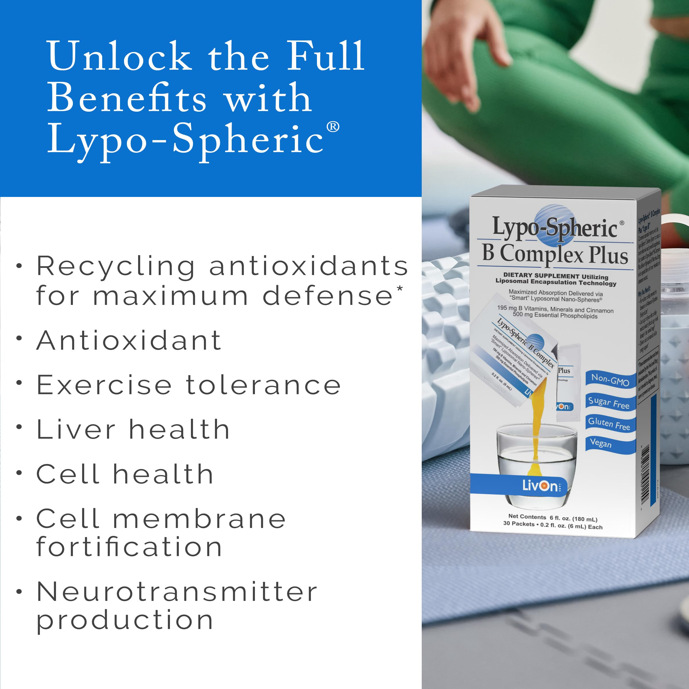 Liposome-encapsulation technology in LivOn B Complex Plus aids nutrient delivery.