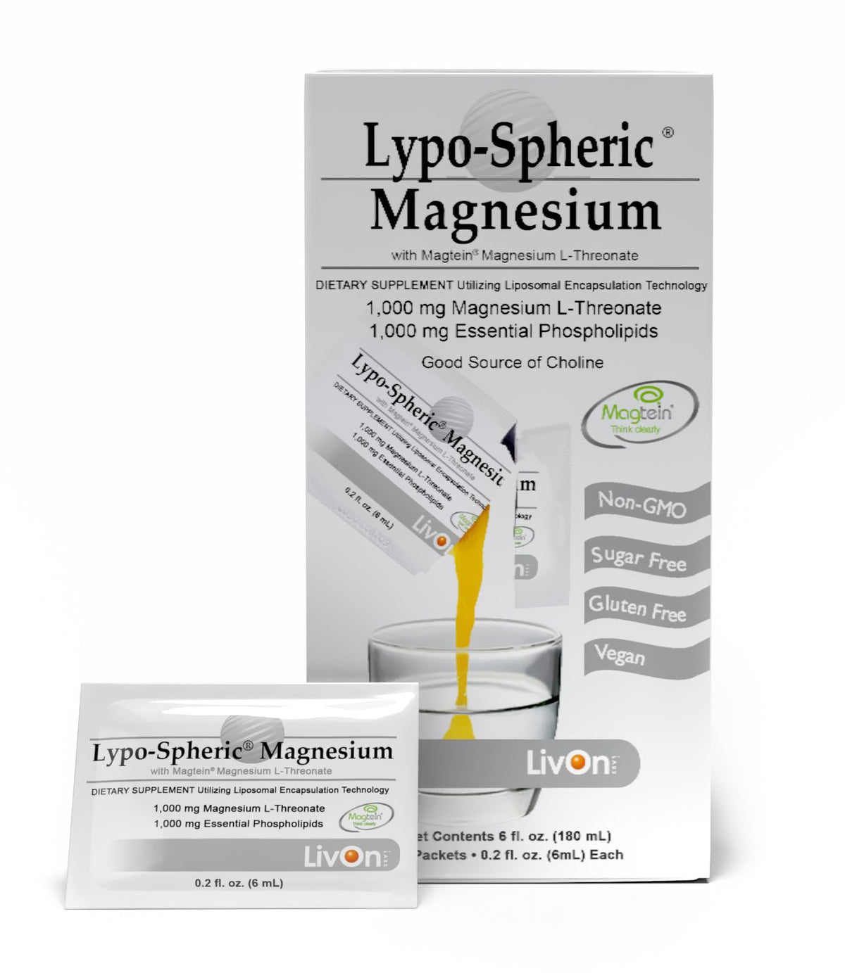 LivOn Laboratories Lypo-Spheric Magnesium L-Threonate packet ready for quick mix and daily support.
