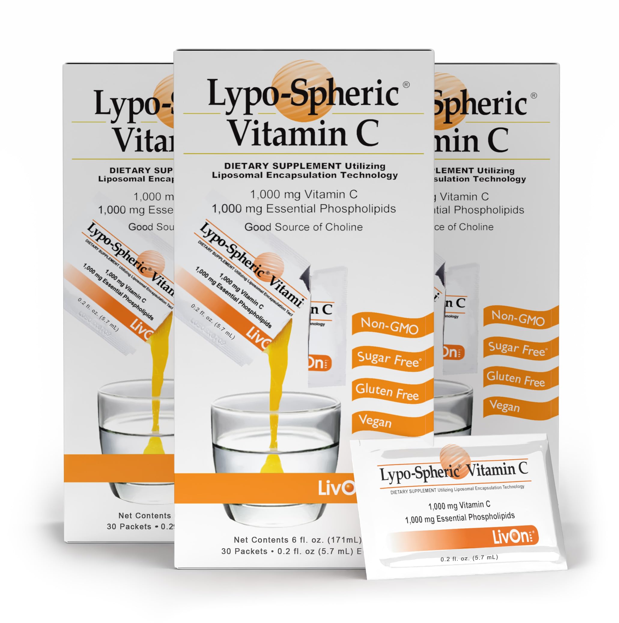 LivOn Lypo-Spheric Vitamin C packaging shows liposome encapsulation for enhanced absorption.