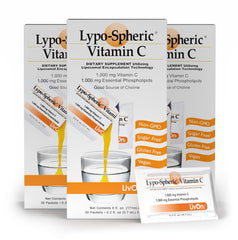 LivOn Lypo-Spheric Vitamin C packaging shows liposome encapsulation for enhanced absorption.