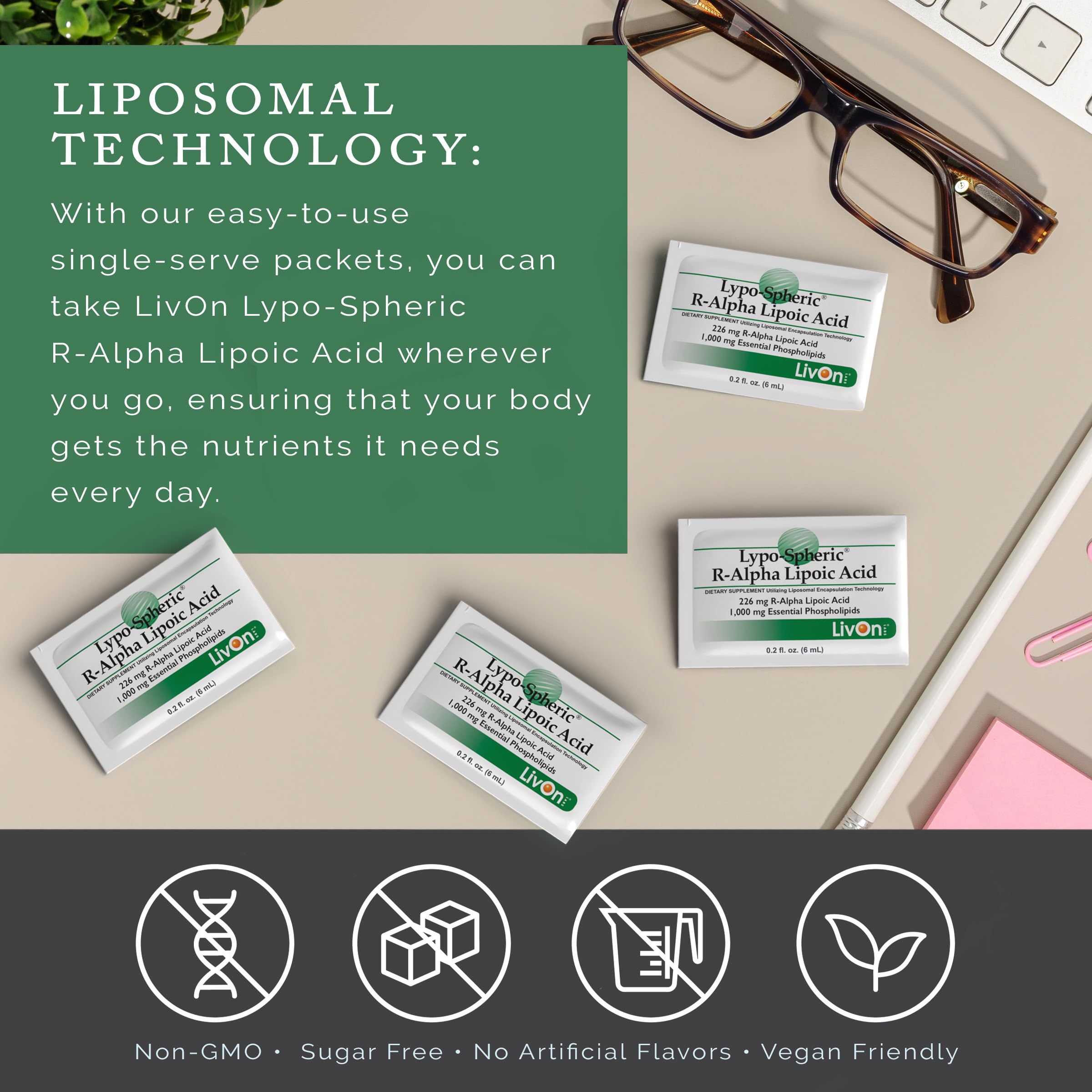LivOn Liposomal ALA sachets shown for convenient supplementation.