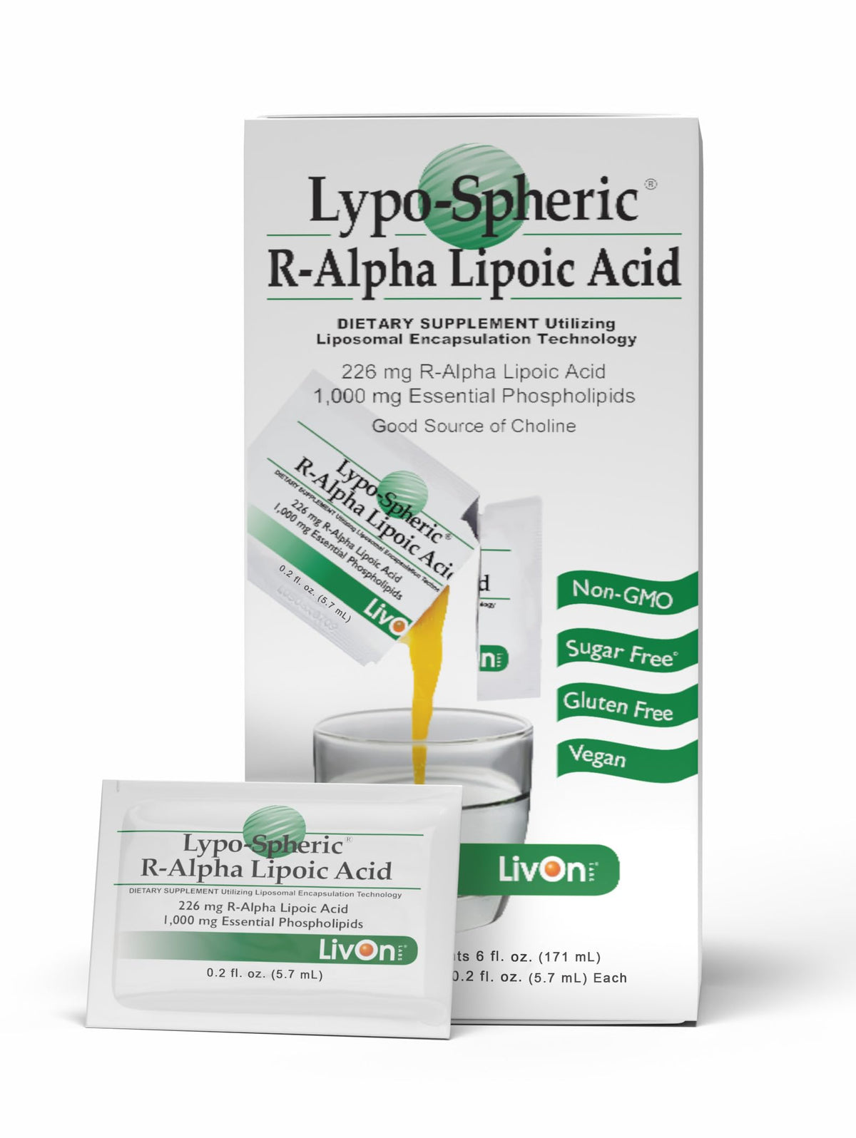 LivOn Liposomal ALA packet close-up for on-the-go daily support.