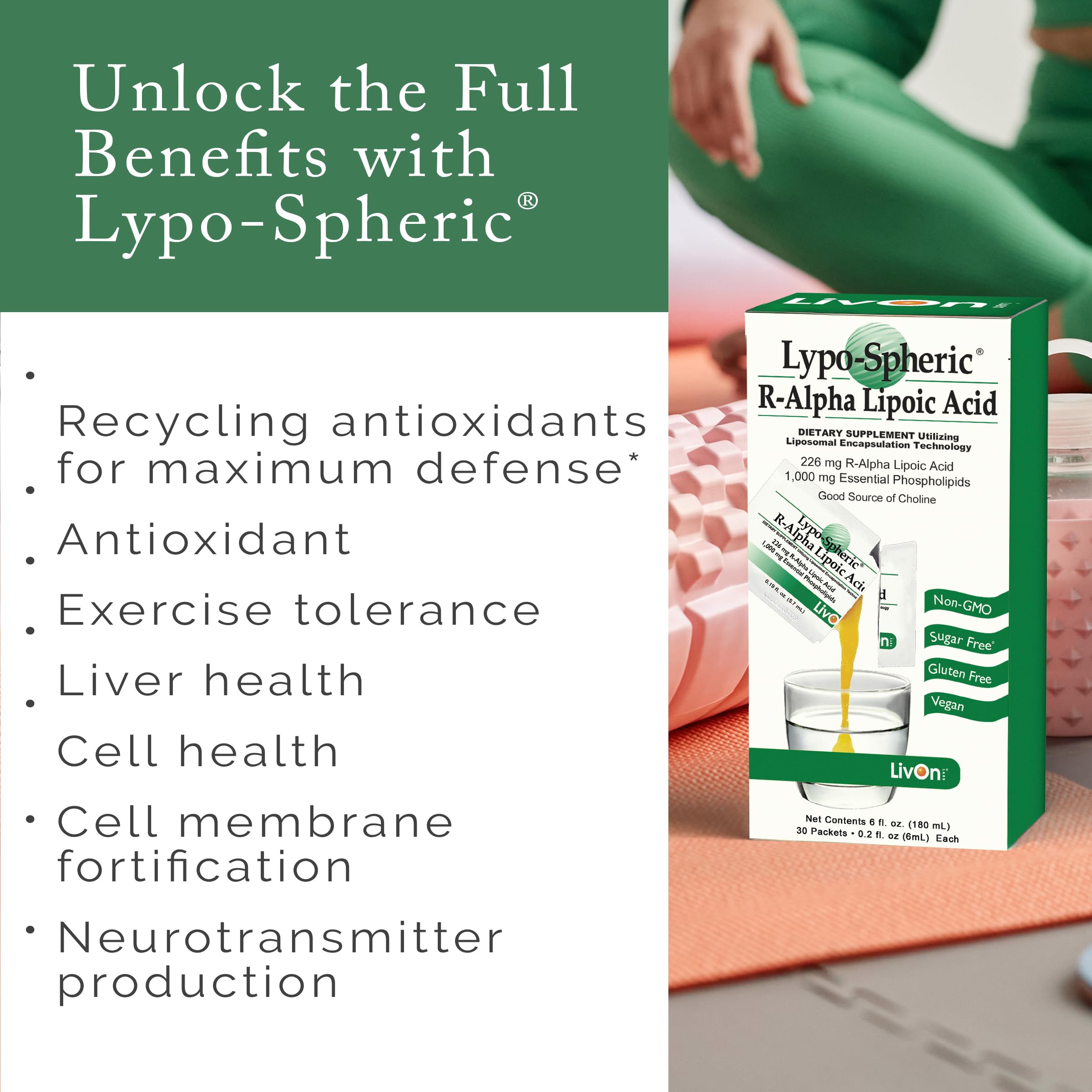 LivOn Liposomal ALA packet dispensed into water for easy intake.