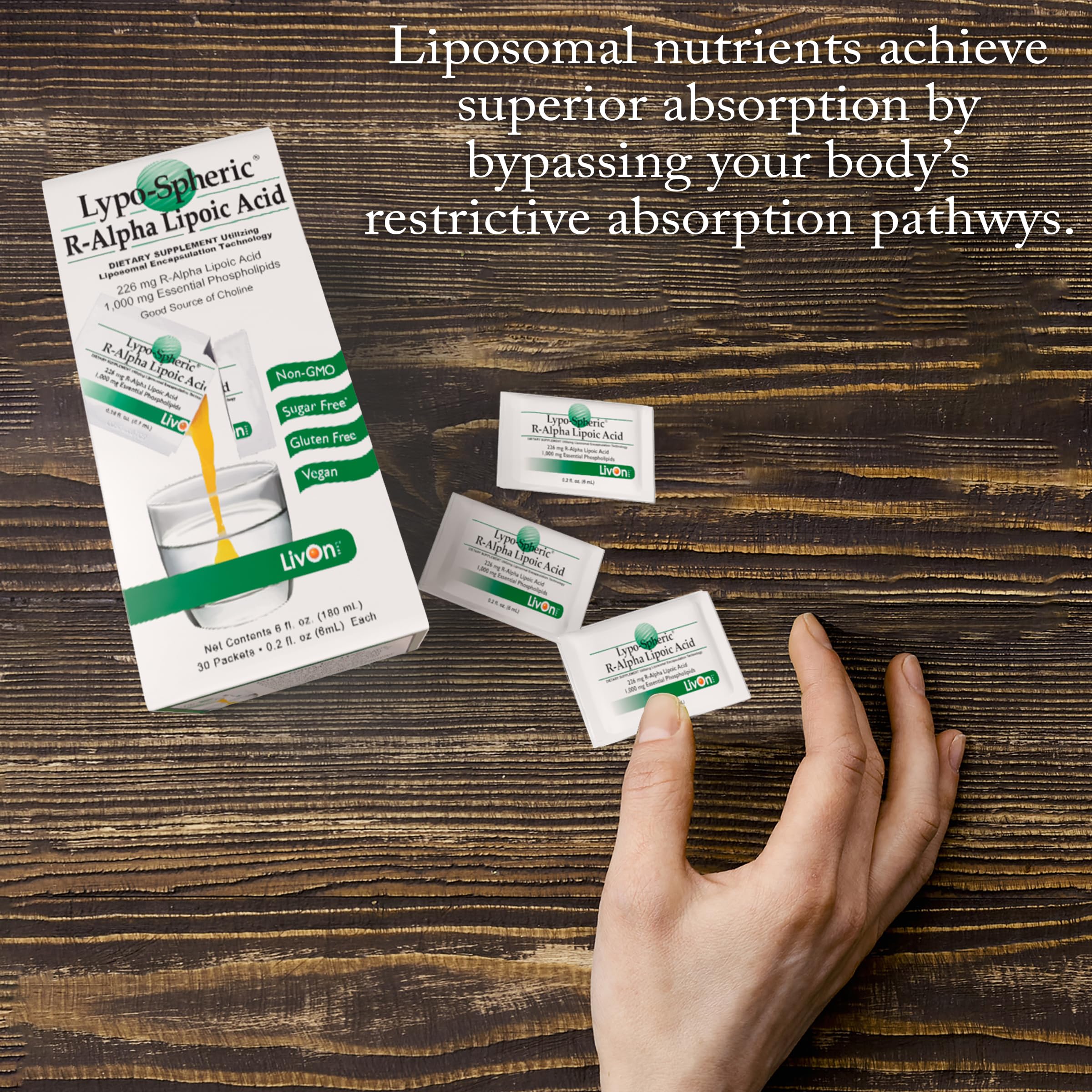 LivOn Liposomal ALA packet in hand ready for daily wellness.