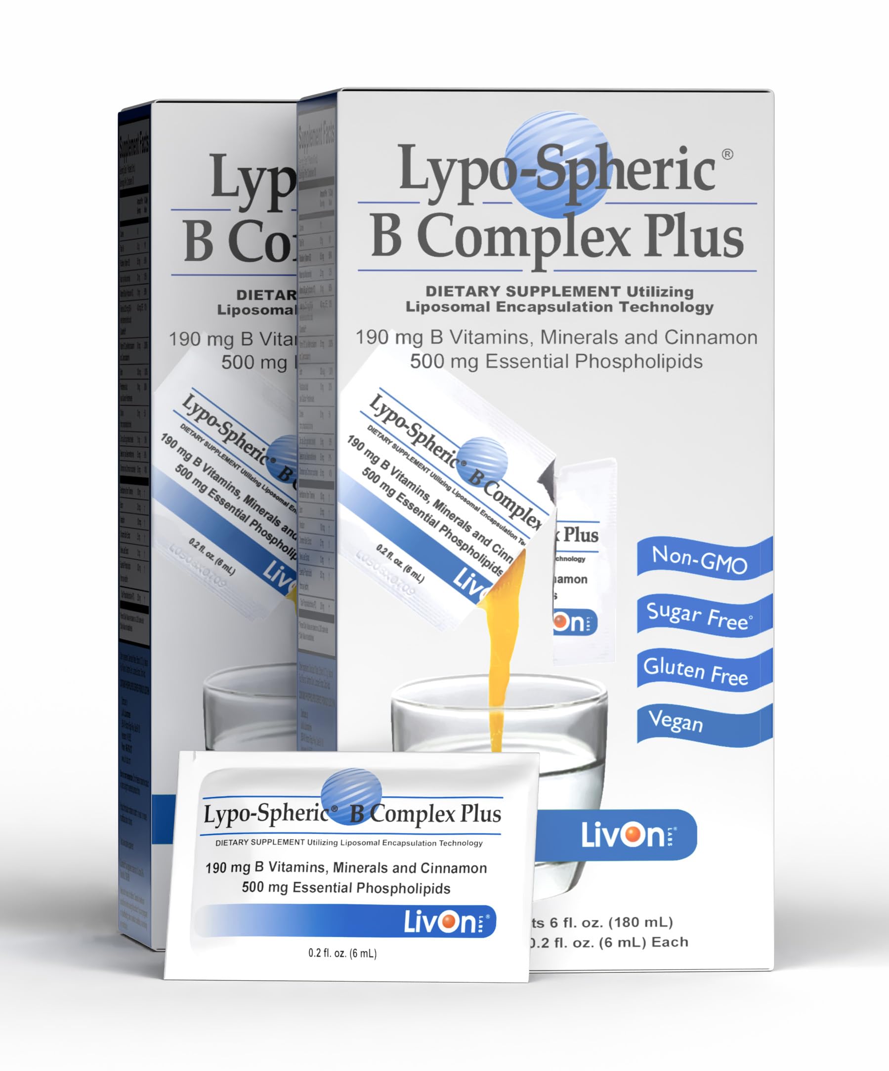 LivOn Laboratories Lypo-Spheric B Complex Plus packet close-up for on-the-go use.