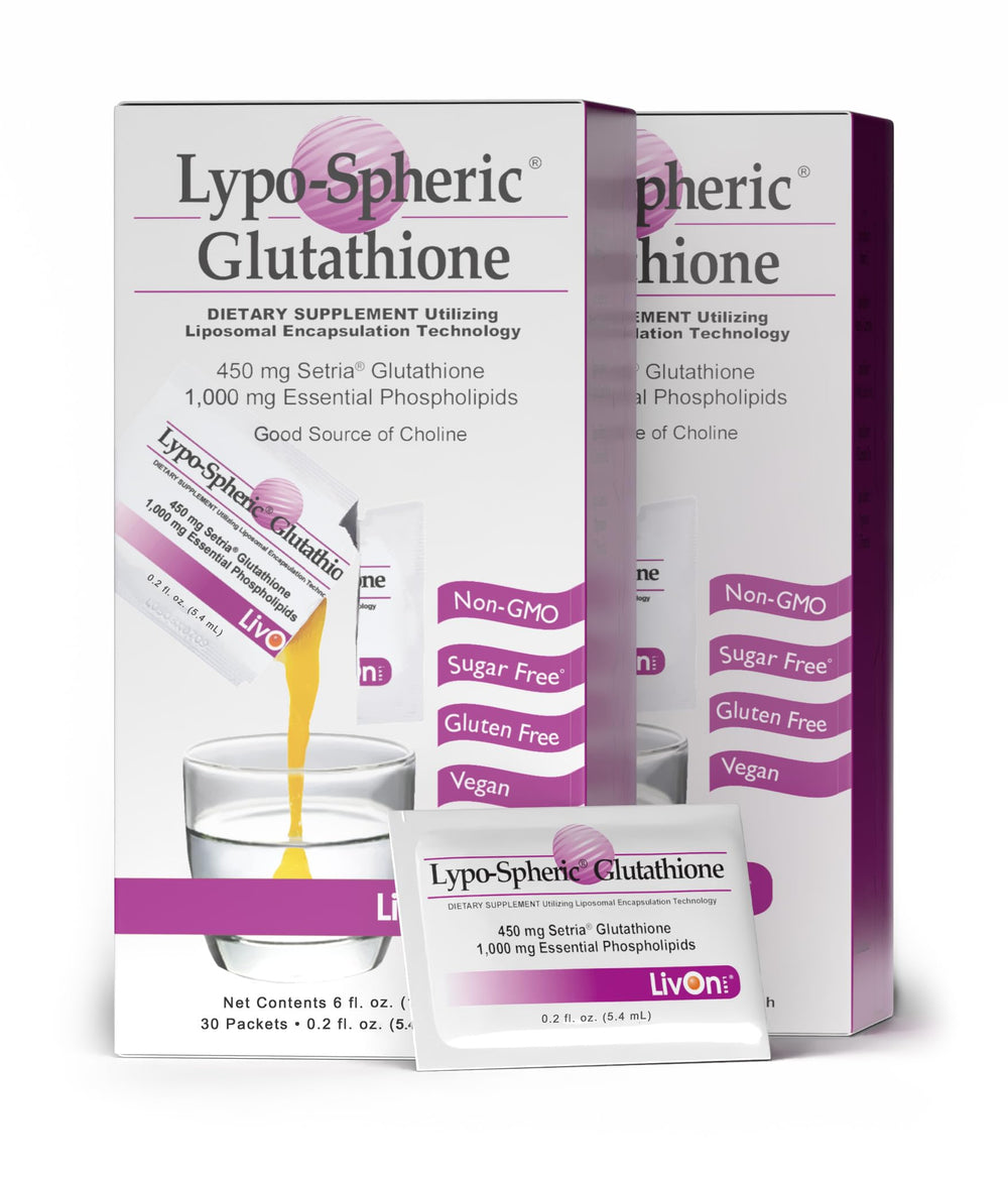 LivOn Liposomal Glutathione bottle with 60 packets for convenient daily use.