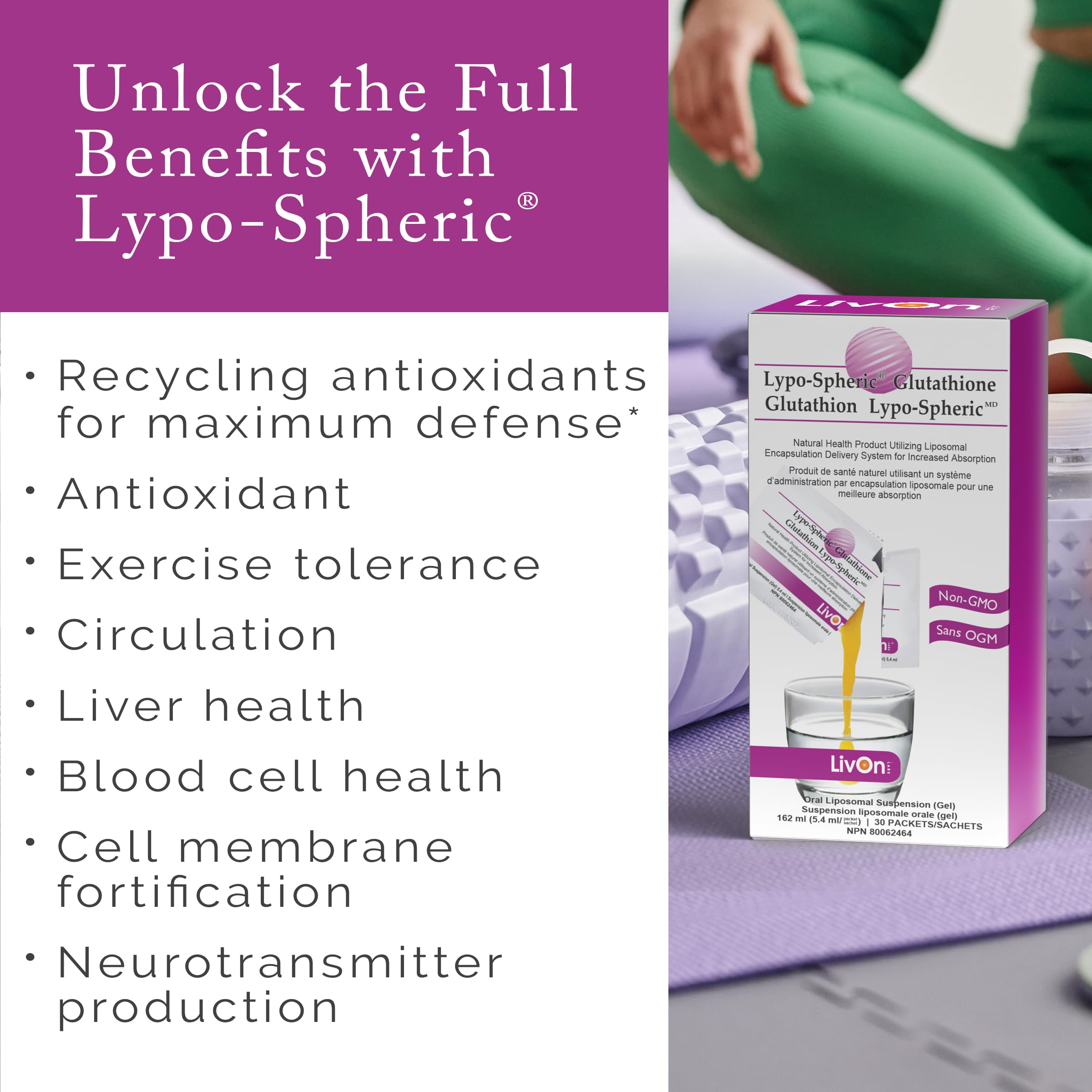 LivOn Liposomal Glutathione box demonstrates professional formulation and packaging.