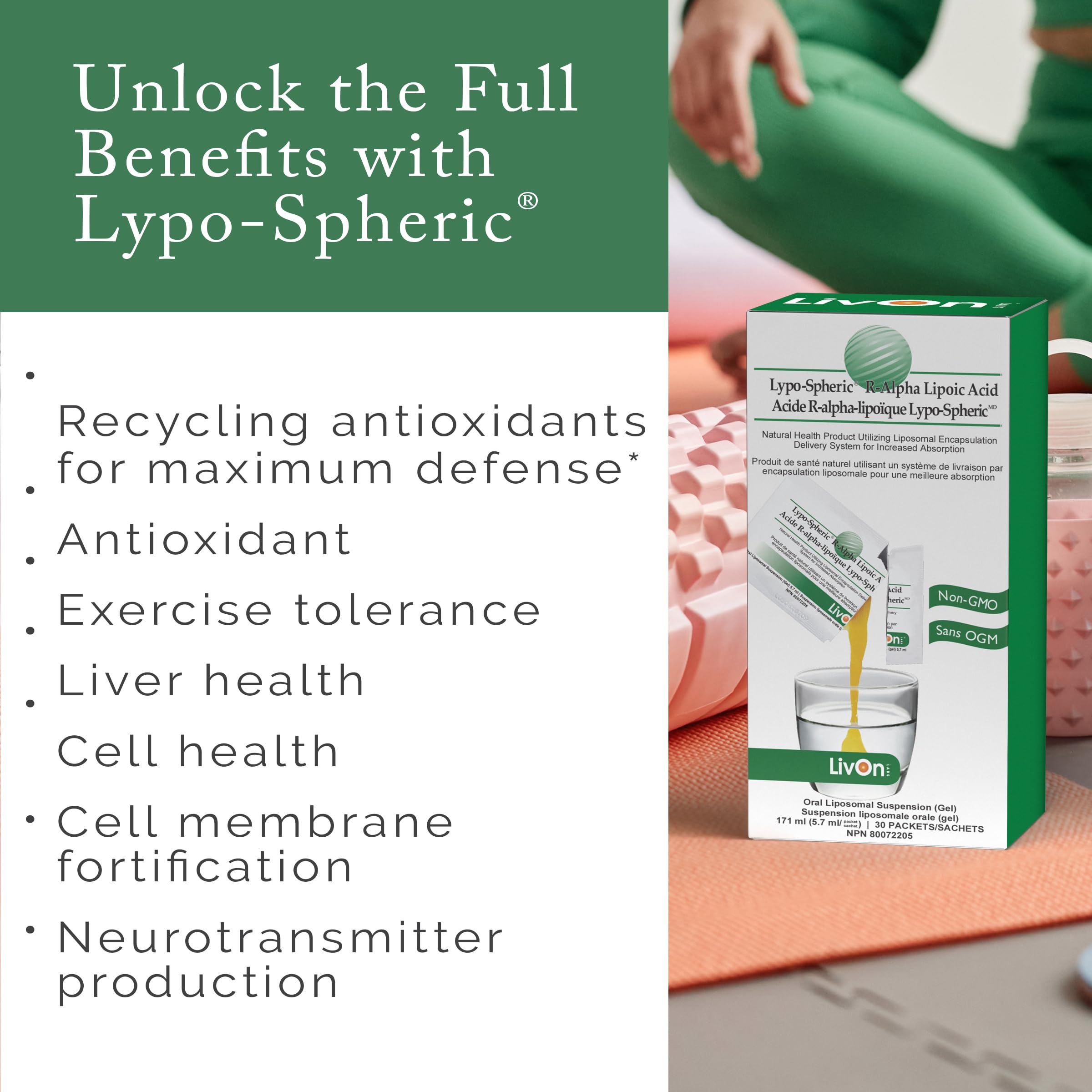 LivOn Liposomal R-ALA bottle with label visible, illustrating liposome technology.