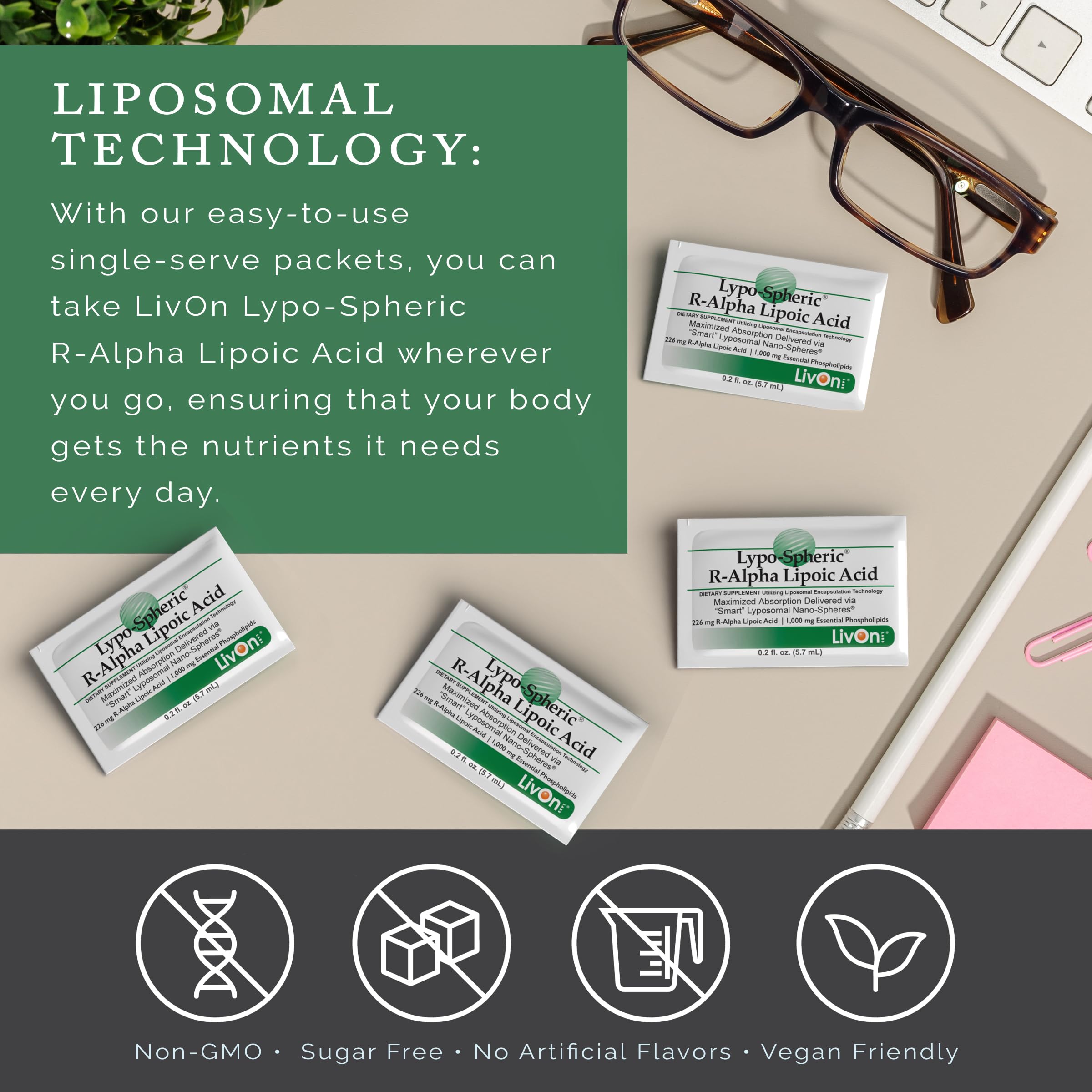 LivOn R-ALA dosage information with packets for on-the-go use.