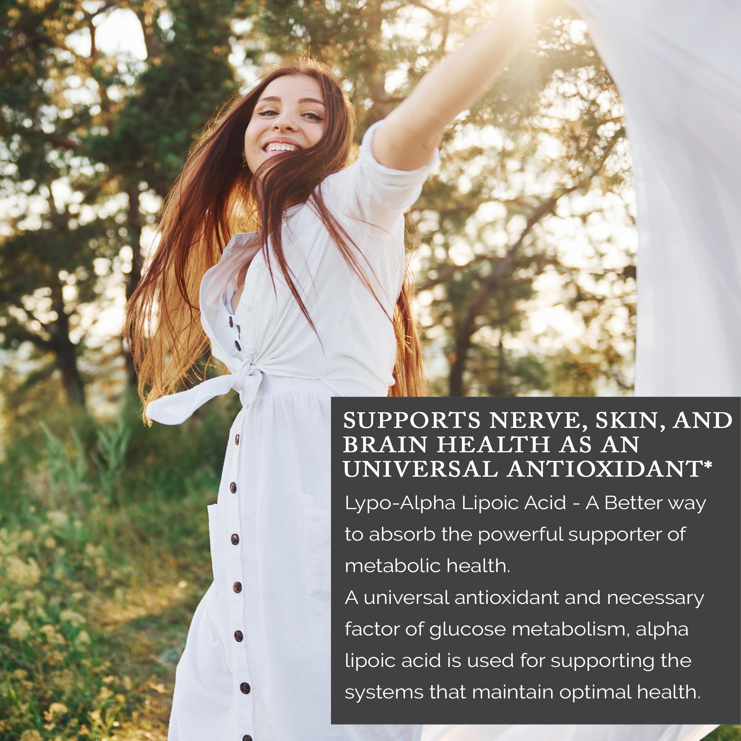 LivOn Liposomal R-ALA ingredients panel highlights vegan, non-GMO profile.