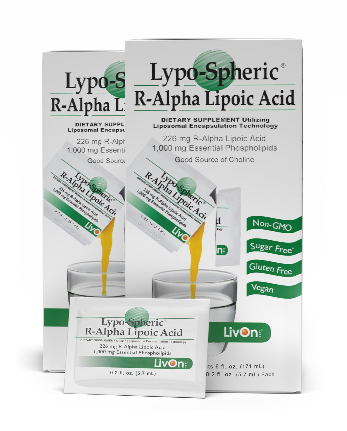 LivOn Liposomal R-ALA packaging close-up highlighting enhanced absorption.