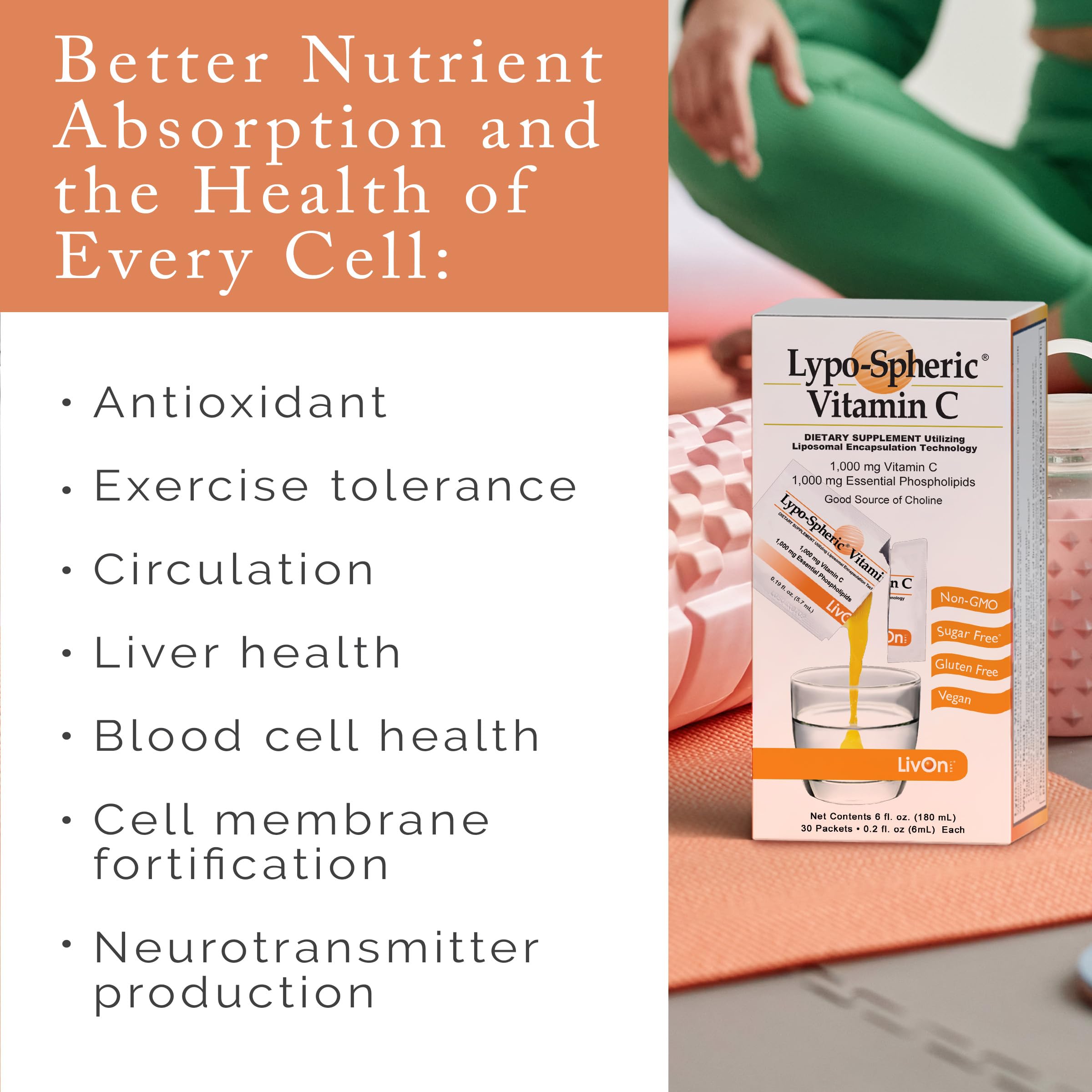 Pouring LivOn Vitamin C into water for easy intake and quick consumption
