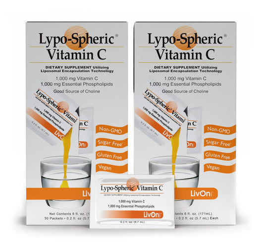 LivOn Liposomal Vitamin C bottle shows 1,000 mg per packet for daily support.