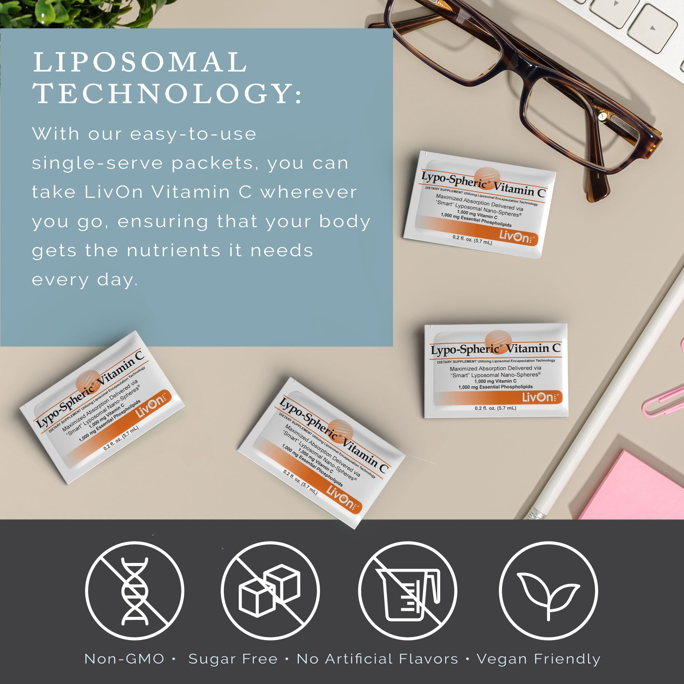 LivOn Lypo-Spheric Vitamin C on-the-go daily support.
