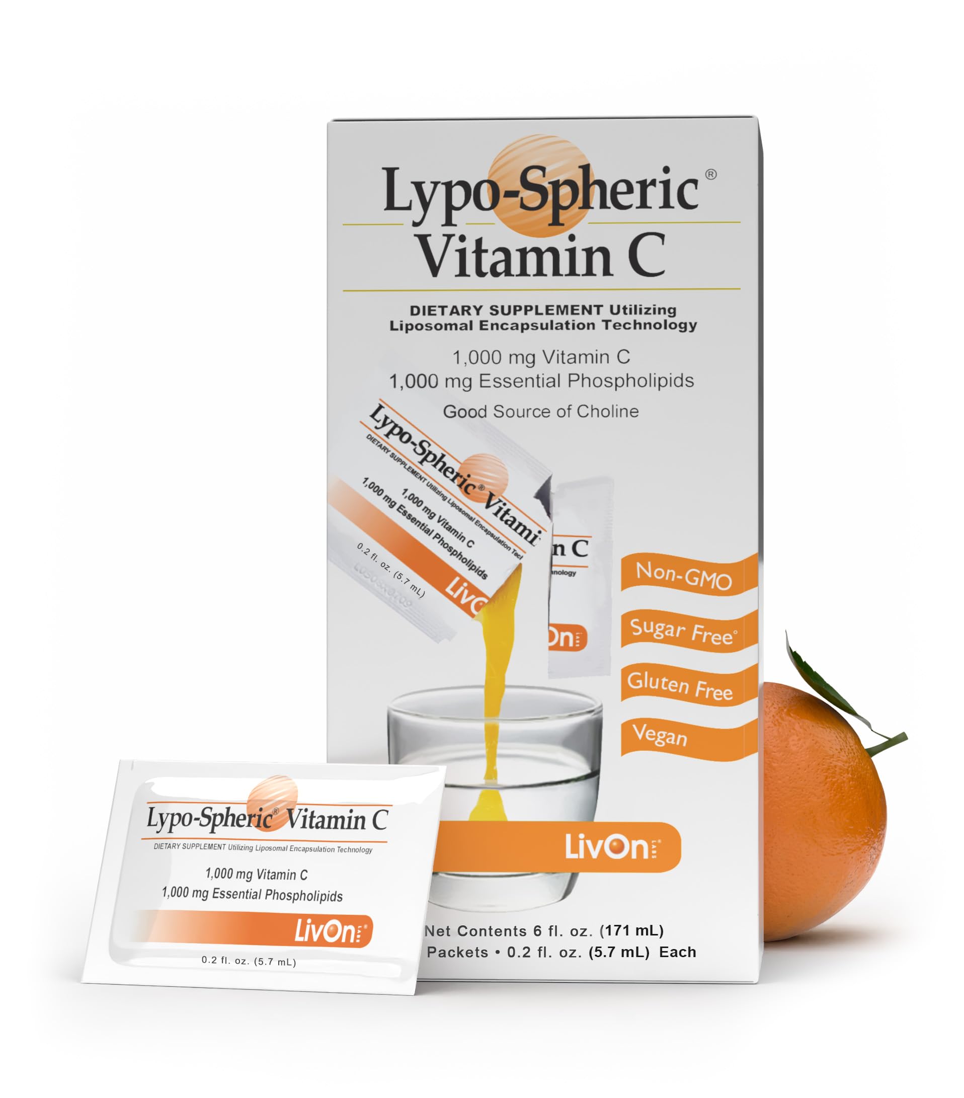 LivOn Lypo-Spheric Vitamin C 1000 mg packet front view for on-the-go daily support.