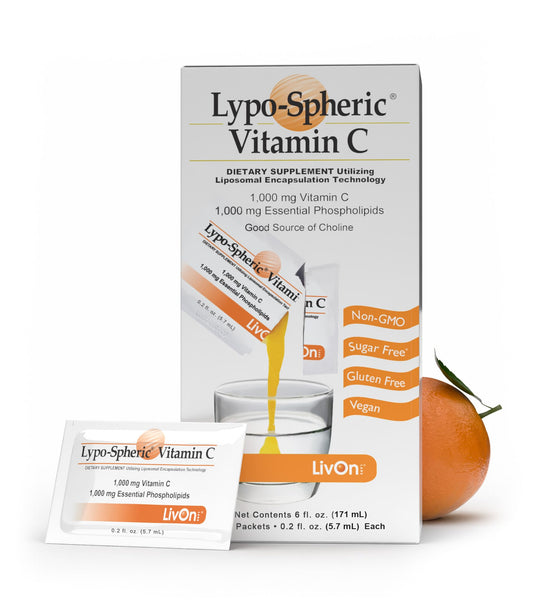 LivOn Lypo-Spheric Vitamin C 1000 mg packet front view for on-the-go daily support.
