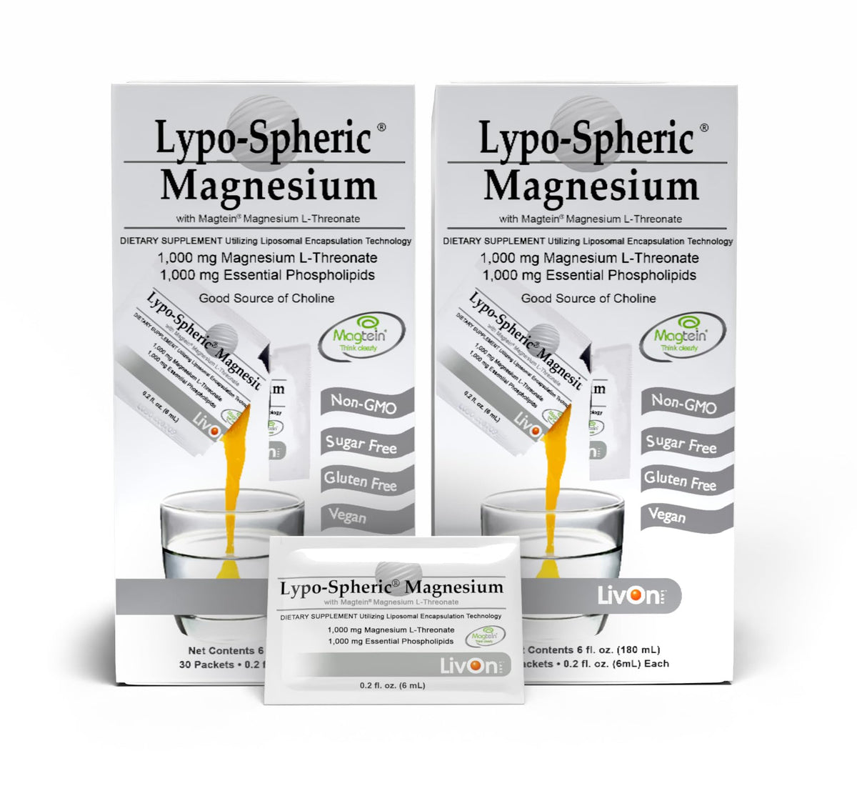 LivOn Lypo-Spheric Magnesium L-Threonate packets ready for on-the-go daily use.