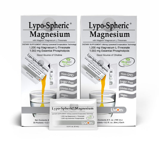 LivOn Lypo-Spheric Magnesium L-Threonate packets ready for on-the-go daily use.