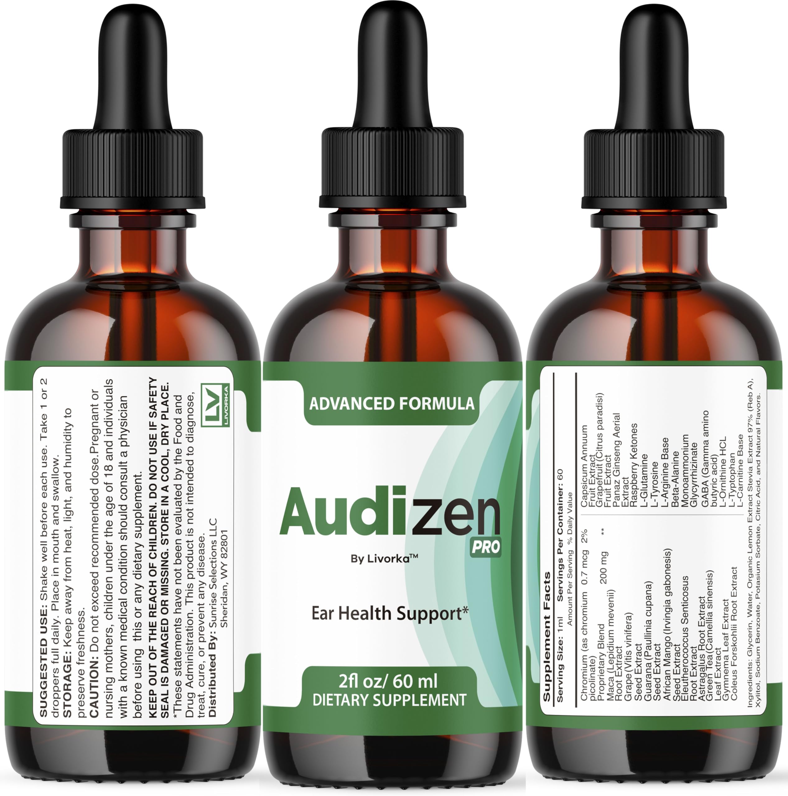 Product label showing Audizen Pro drops ingredients and usage