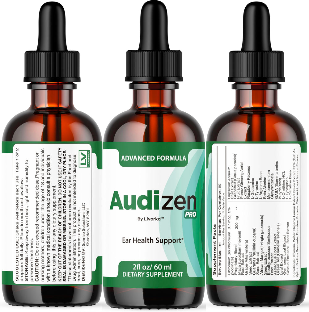 Product label showing Audizen Pro drops ingredients and usage
