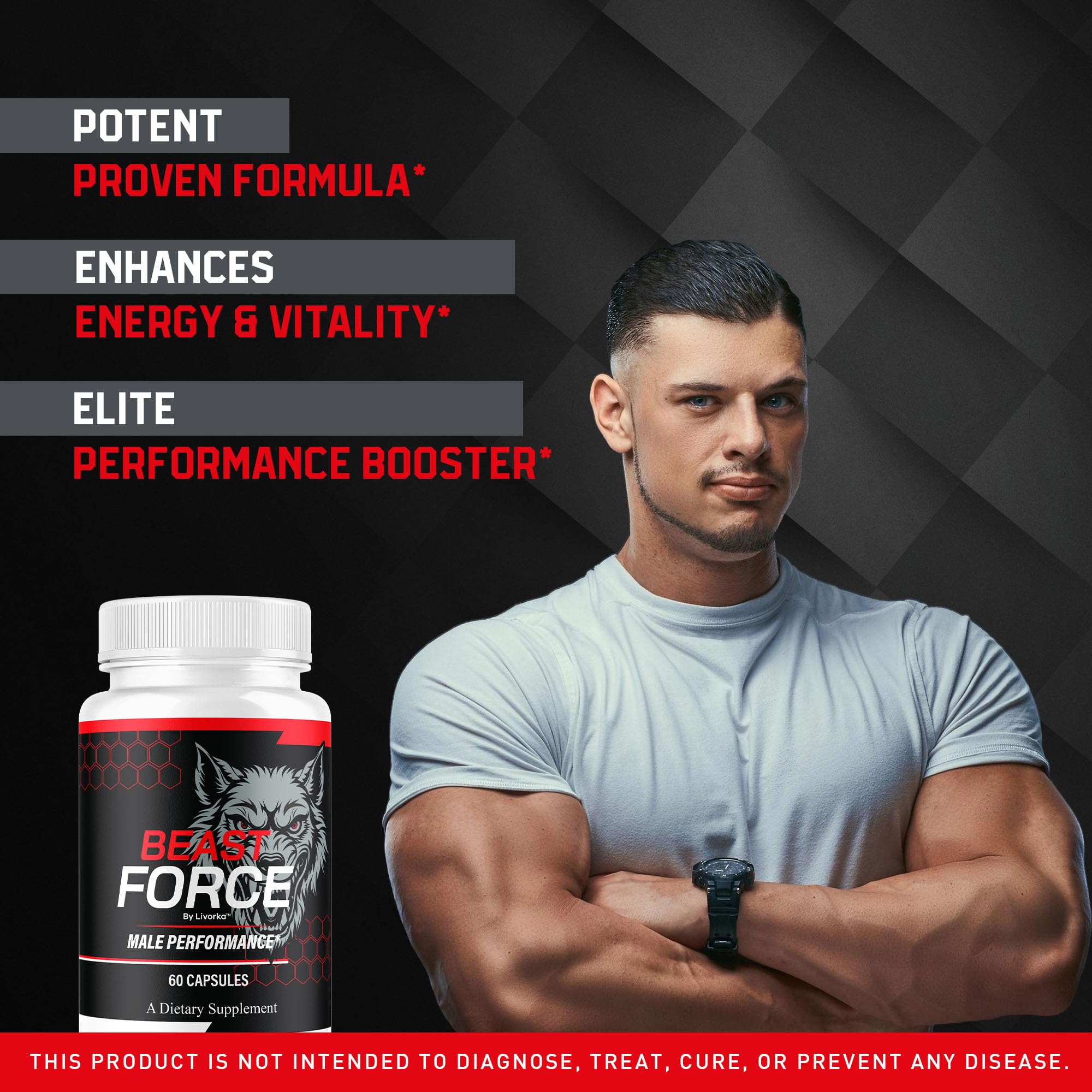 LIVORKA Beast Force 180 capsules label emphasizes long-term supplement supply.