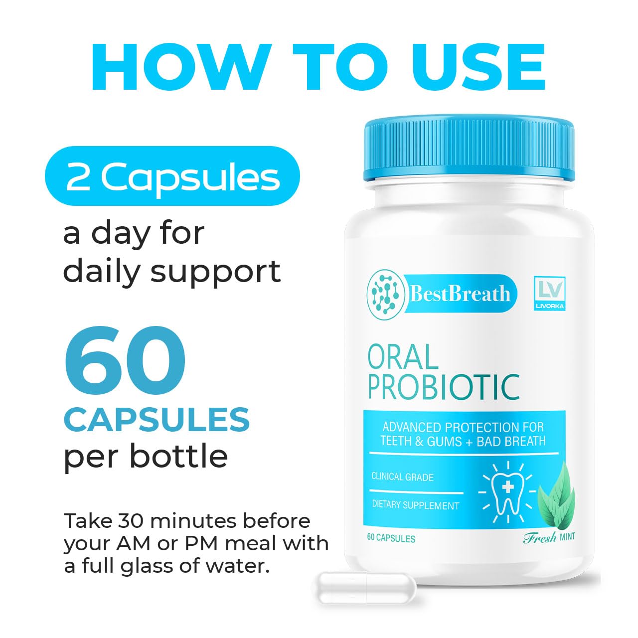 LIVORKA Best Breath bottle label highlights USA-made formula and quality.