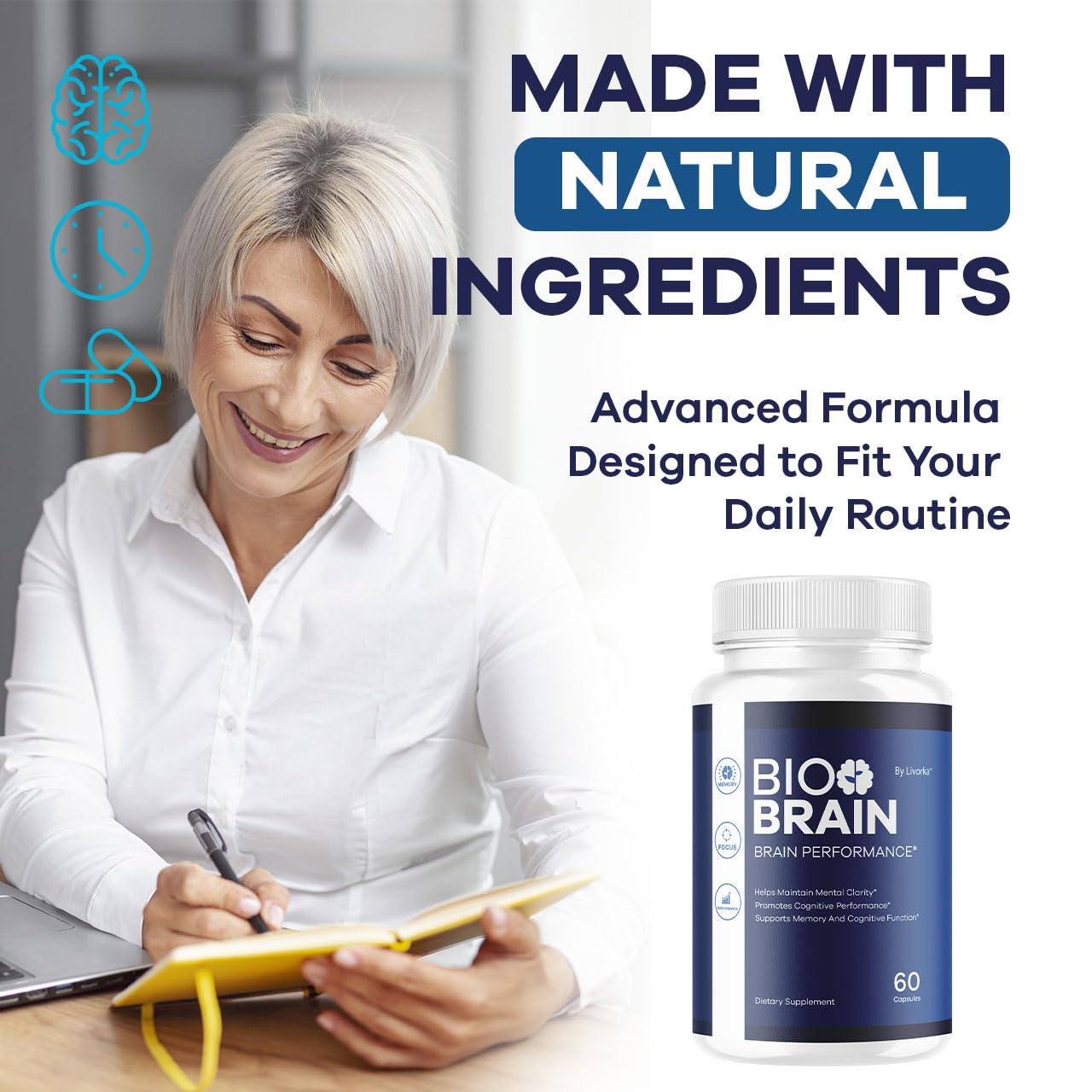 LIVORKA Bio Brain bottle on a desk ready for daily routine.