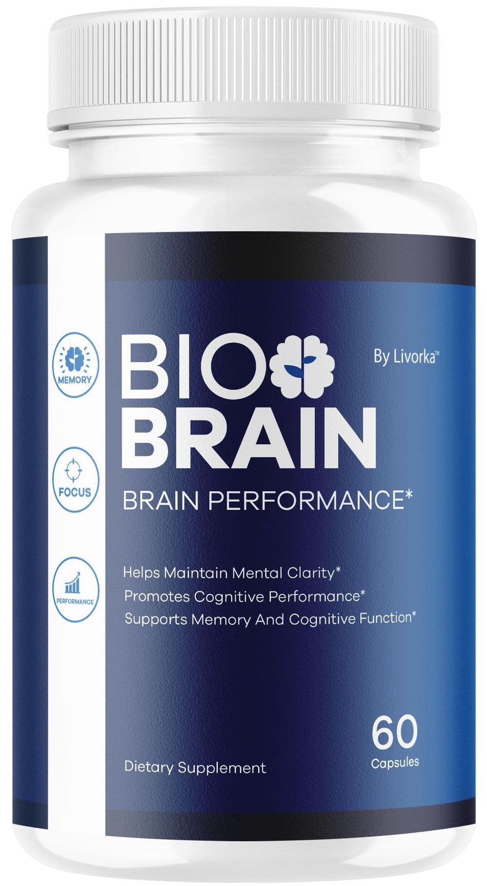 LIVORKA Bio Brain bottle top close-up for daily focus support.