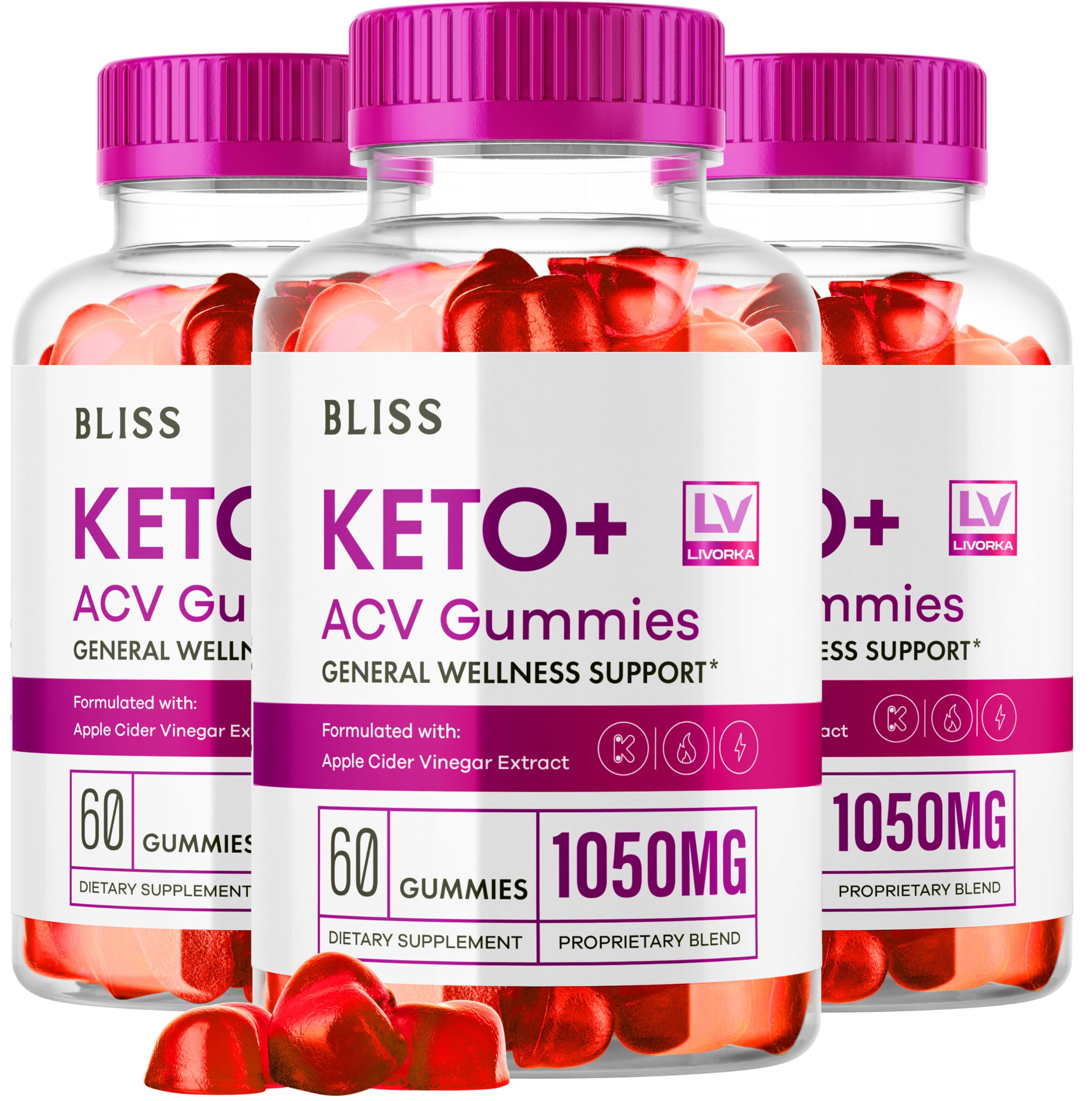 LIVORKA Bliss Keto ACV Gummies pack front, three bottles for convenient daily wellness.