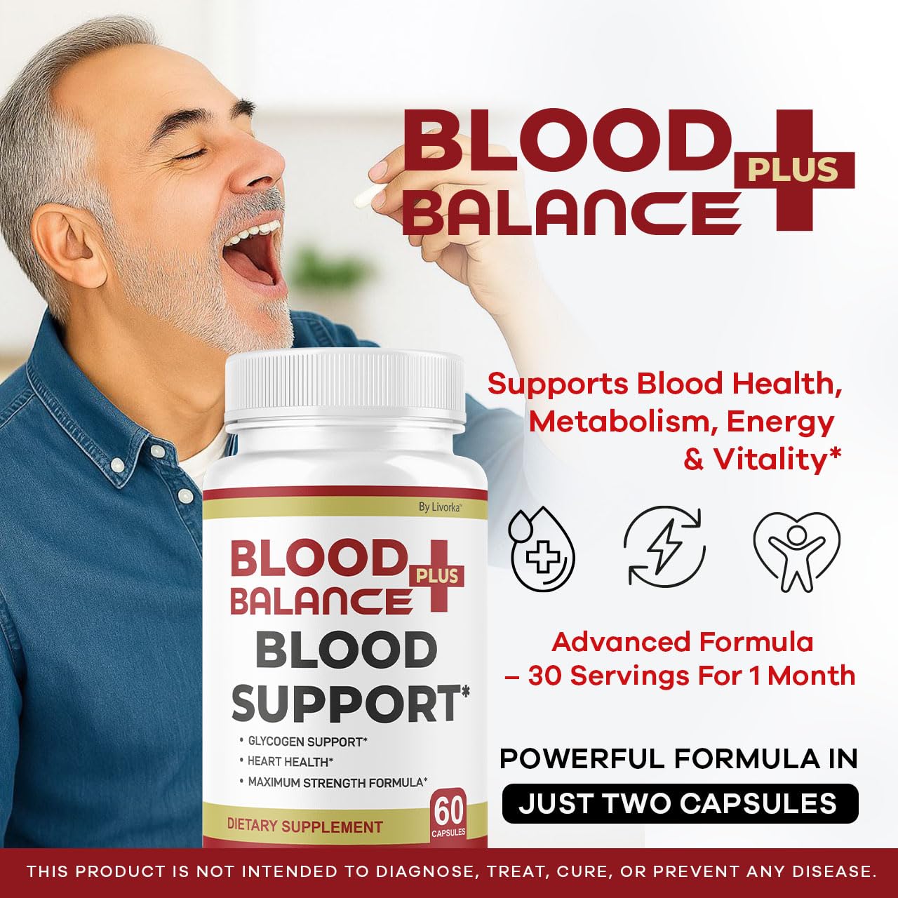 Close-up of LIVORKA BloodBalance Plus capsules showing smooth texture for easy swallowing.
