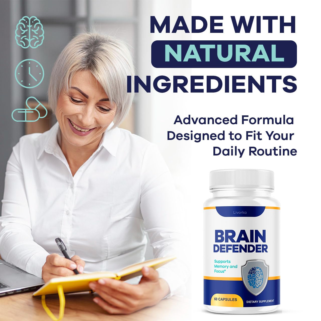 LIVORKA Brain Defender two-capsule serving on a morning desk.