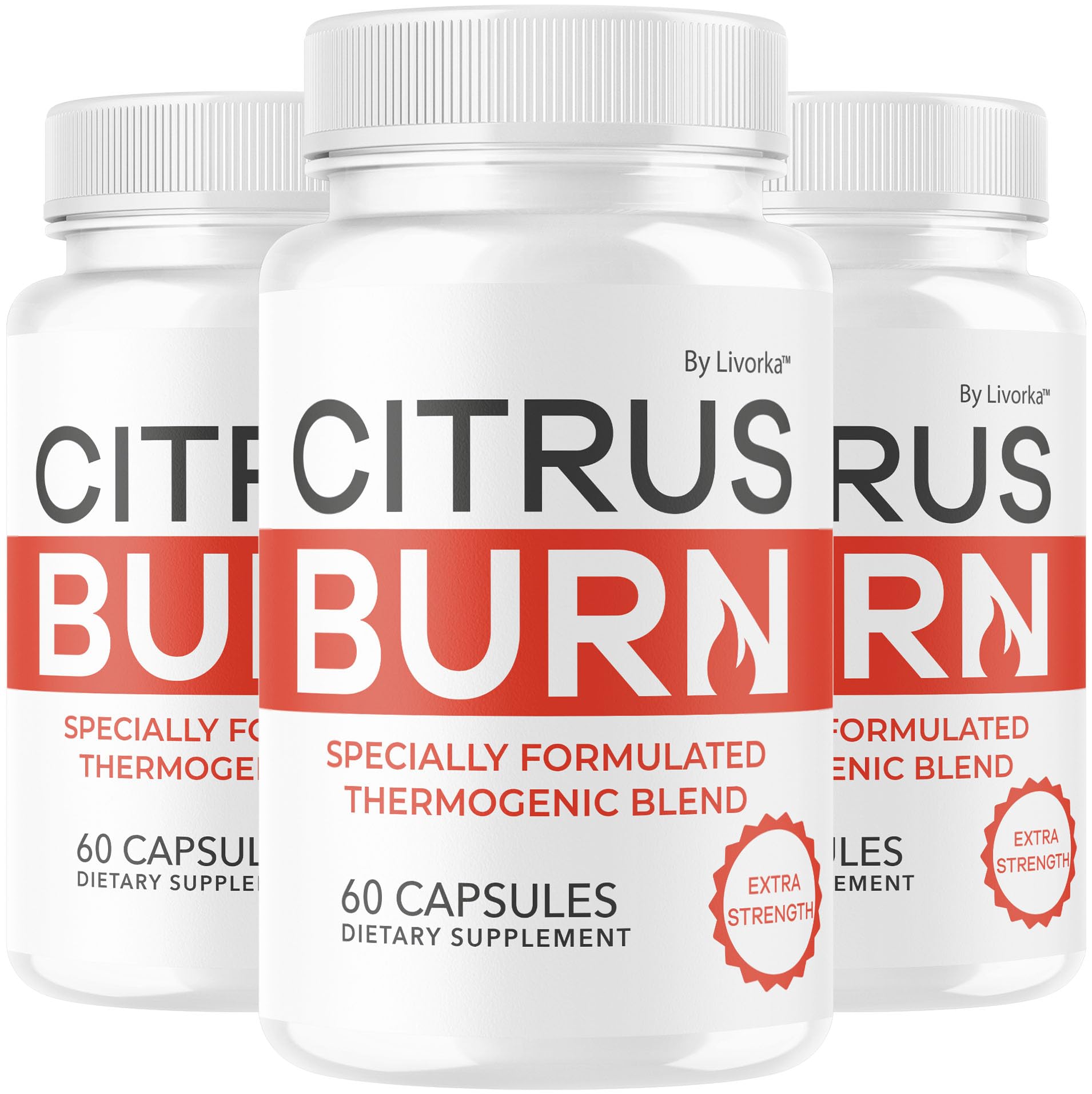 LIVORKA Citrus Burn Capsules bottle close-up showing a premium all-natural wellness formula.