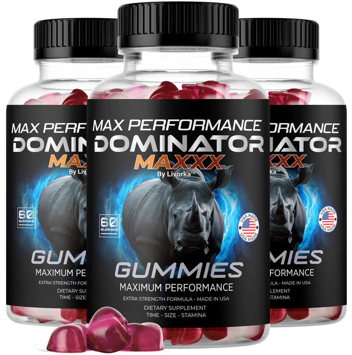 LIVORKA Dominator Maxxx gummies bottle on table promotes daily wellness.