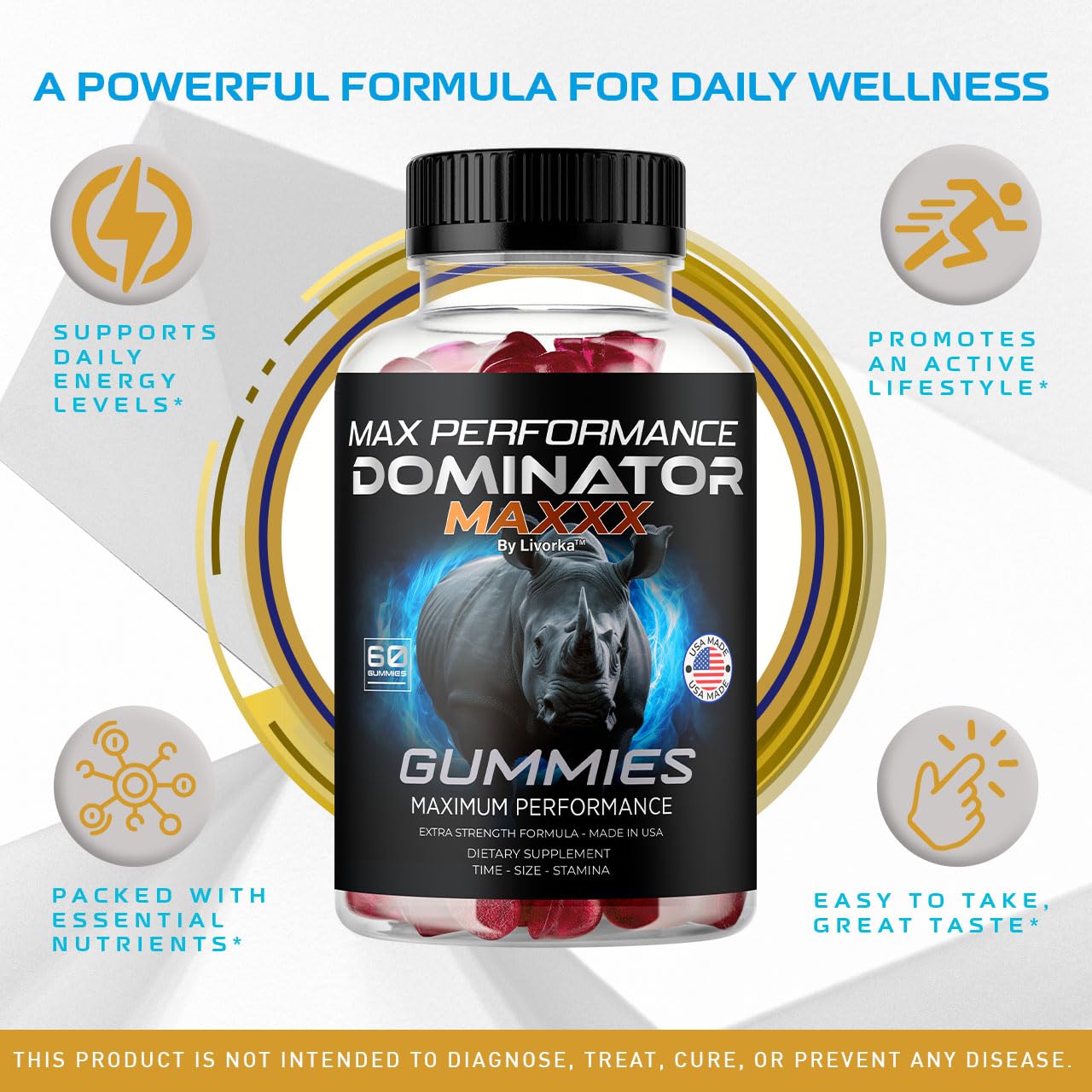 Close-up of LIVORKA Dominator Maxxx gummies showing chewy texture and convenience.