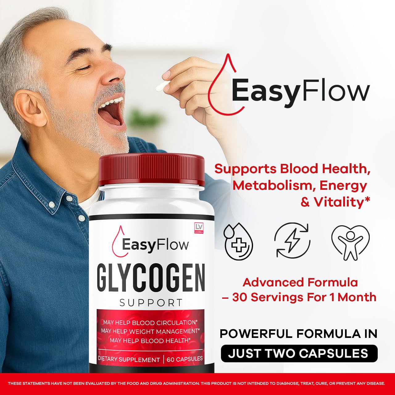 LIVORKA Easy Flow Glycogen capsules close-up for easy daily routine.