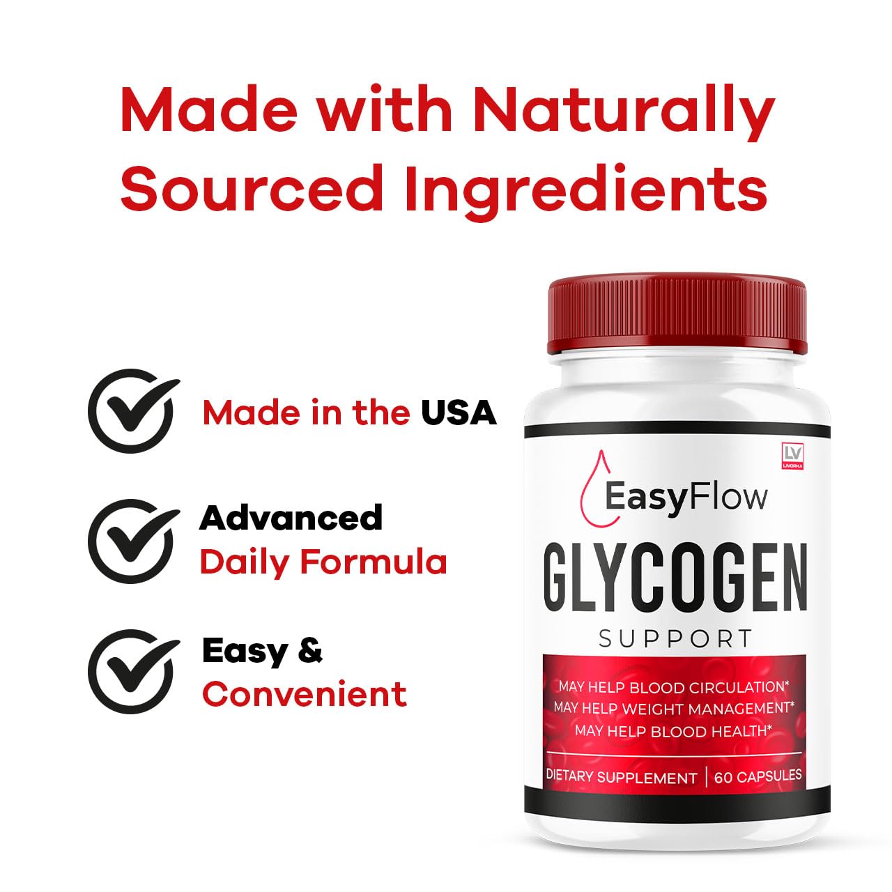 LIVORKA Easy Flow Glycogen dosage guide image showing two capsules.