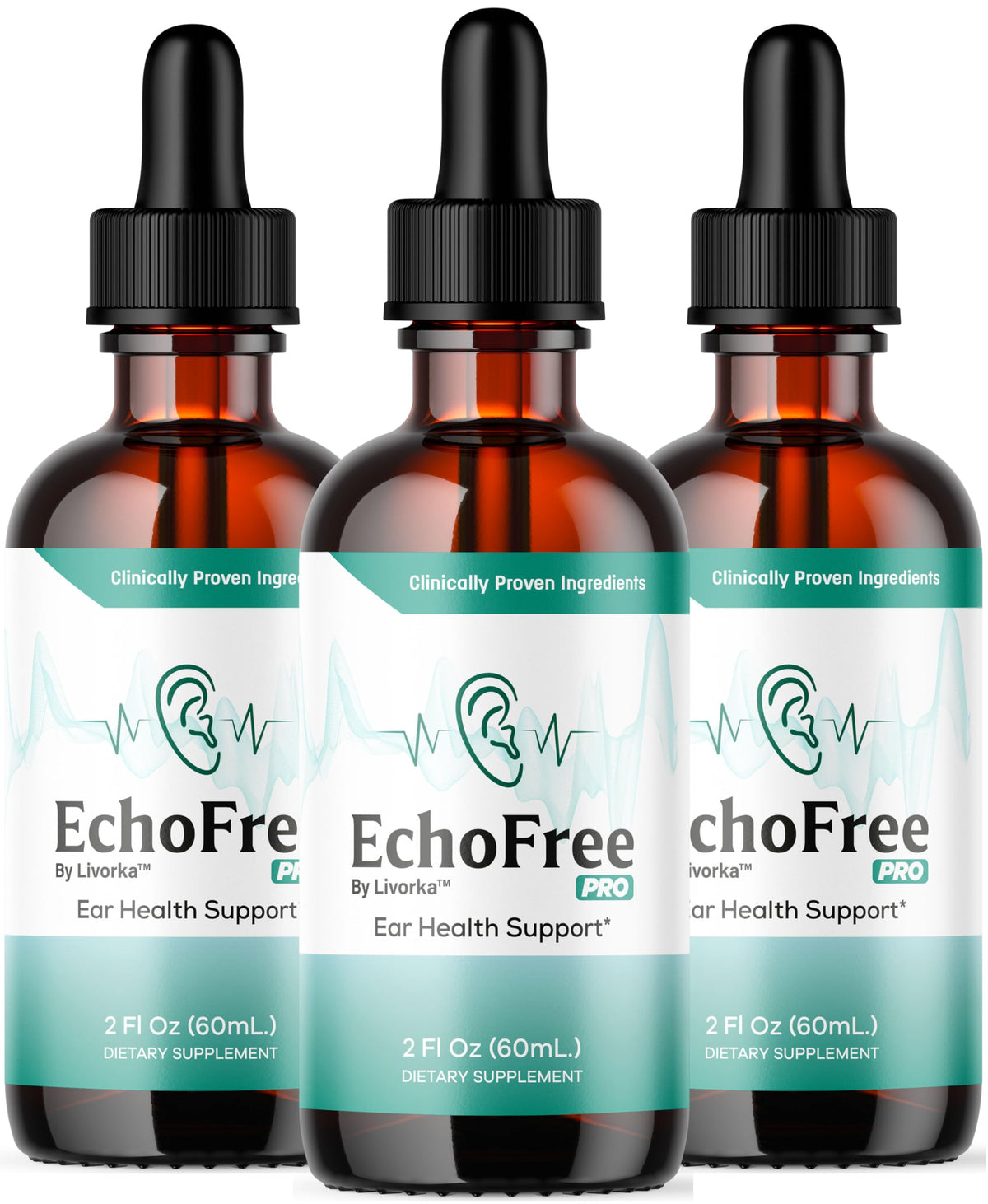 LIVORKA Echo Free Drops bottle side view for natural ear wellness during daily use.