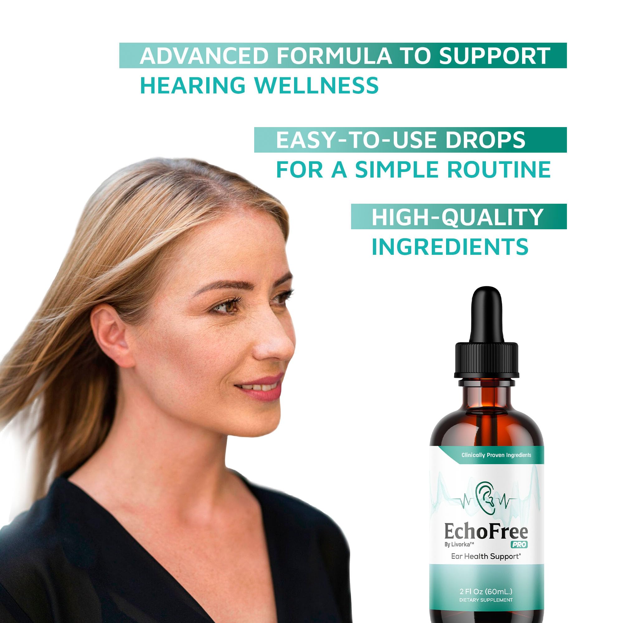 LIVORKA Echo Free Drops dropper pour enables easy, comfortable ear application.