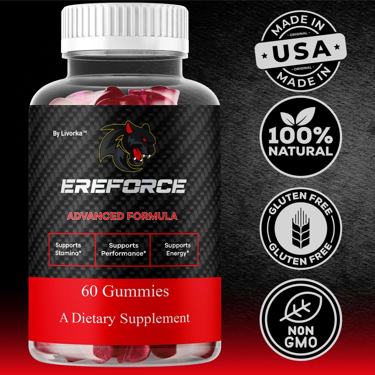 LIVORKA Ereforce Gummies close-up texture reveals soft chew and glossy finish with a pleasant taste.