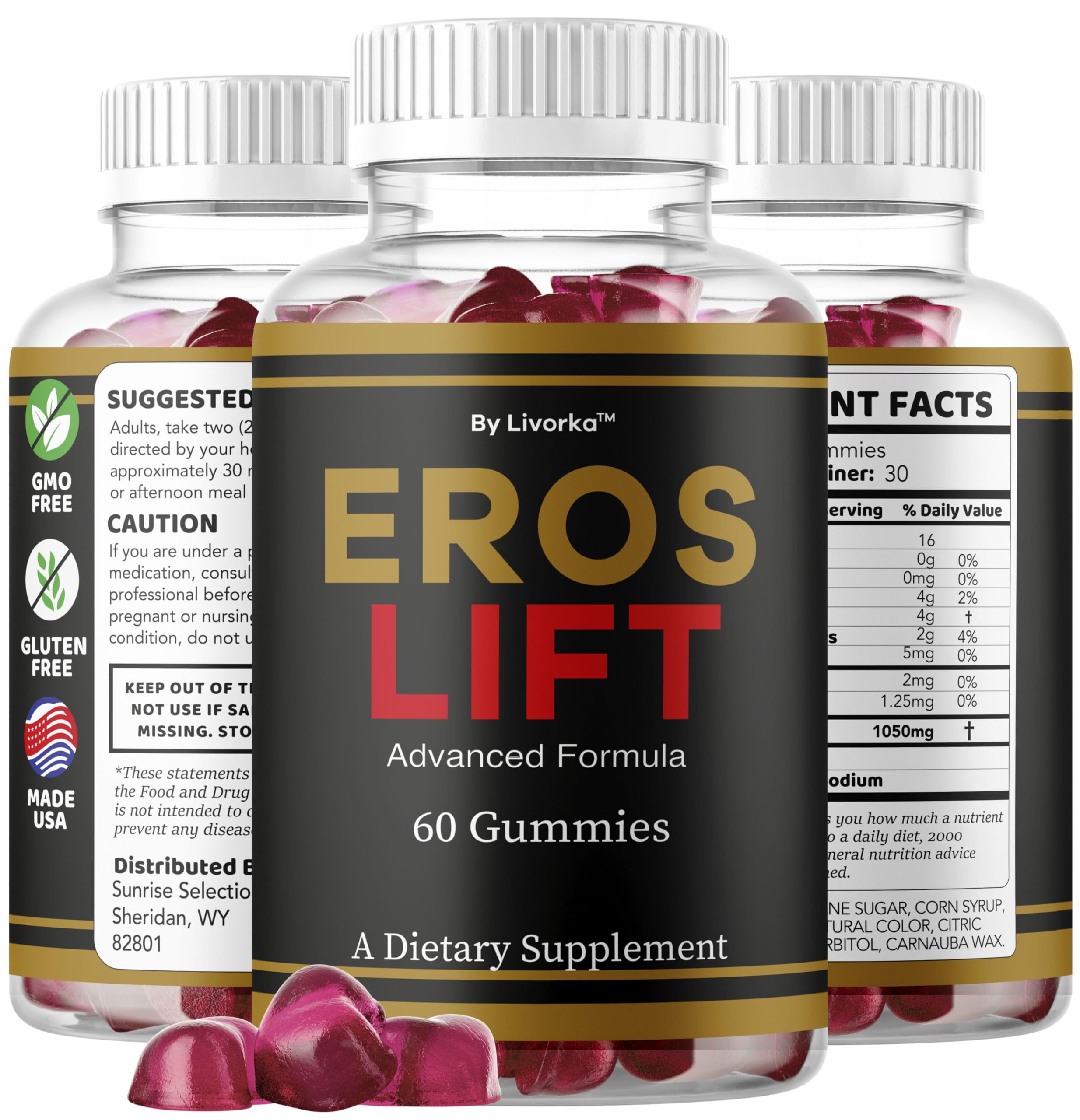 Gummies arranged in a row with natural ingredients behind, wellness vibe