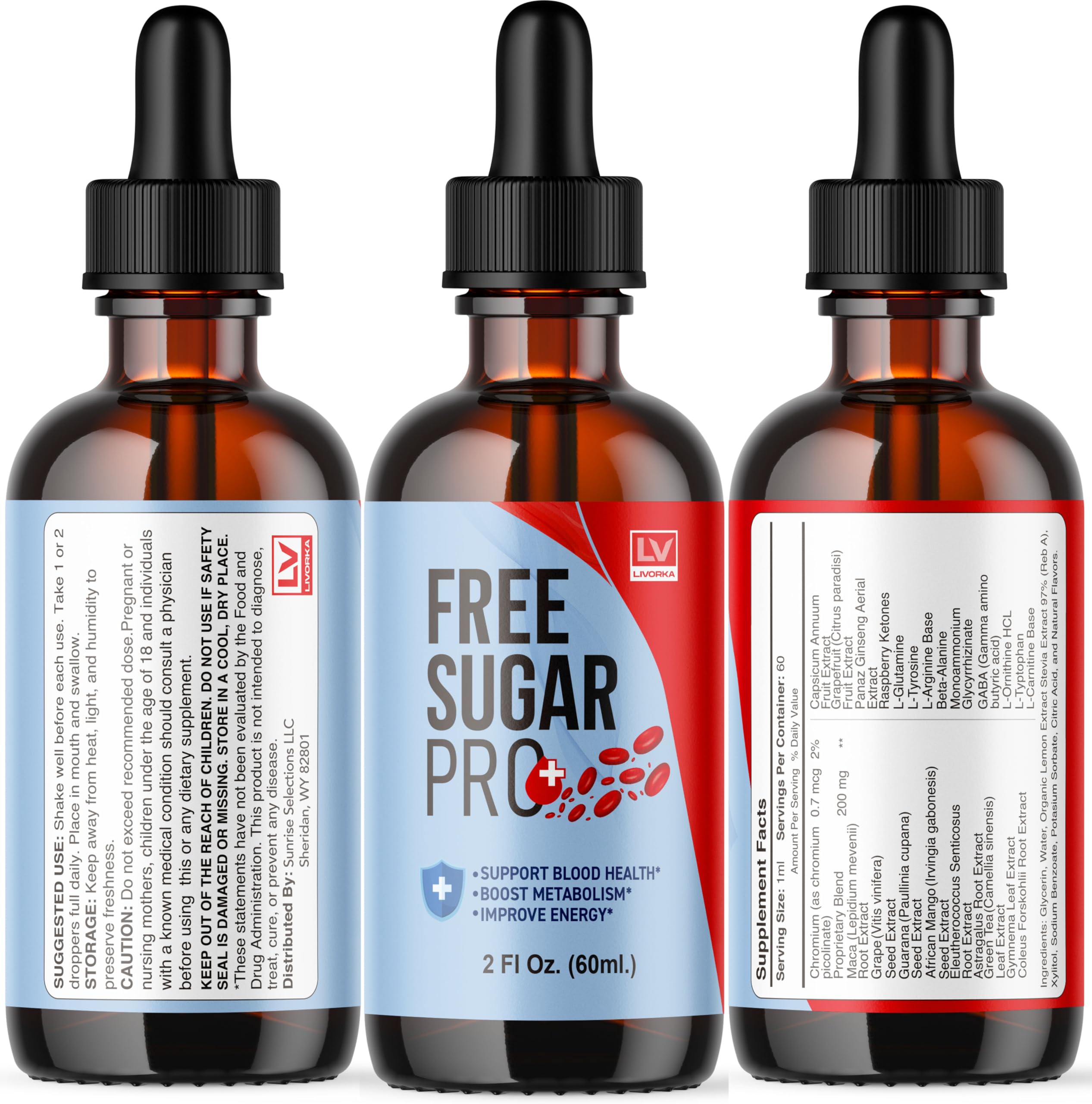 LIVORKA Free Sugar Pro Drops bottle on shelf, tidy storage.