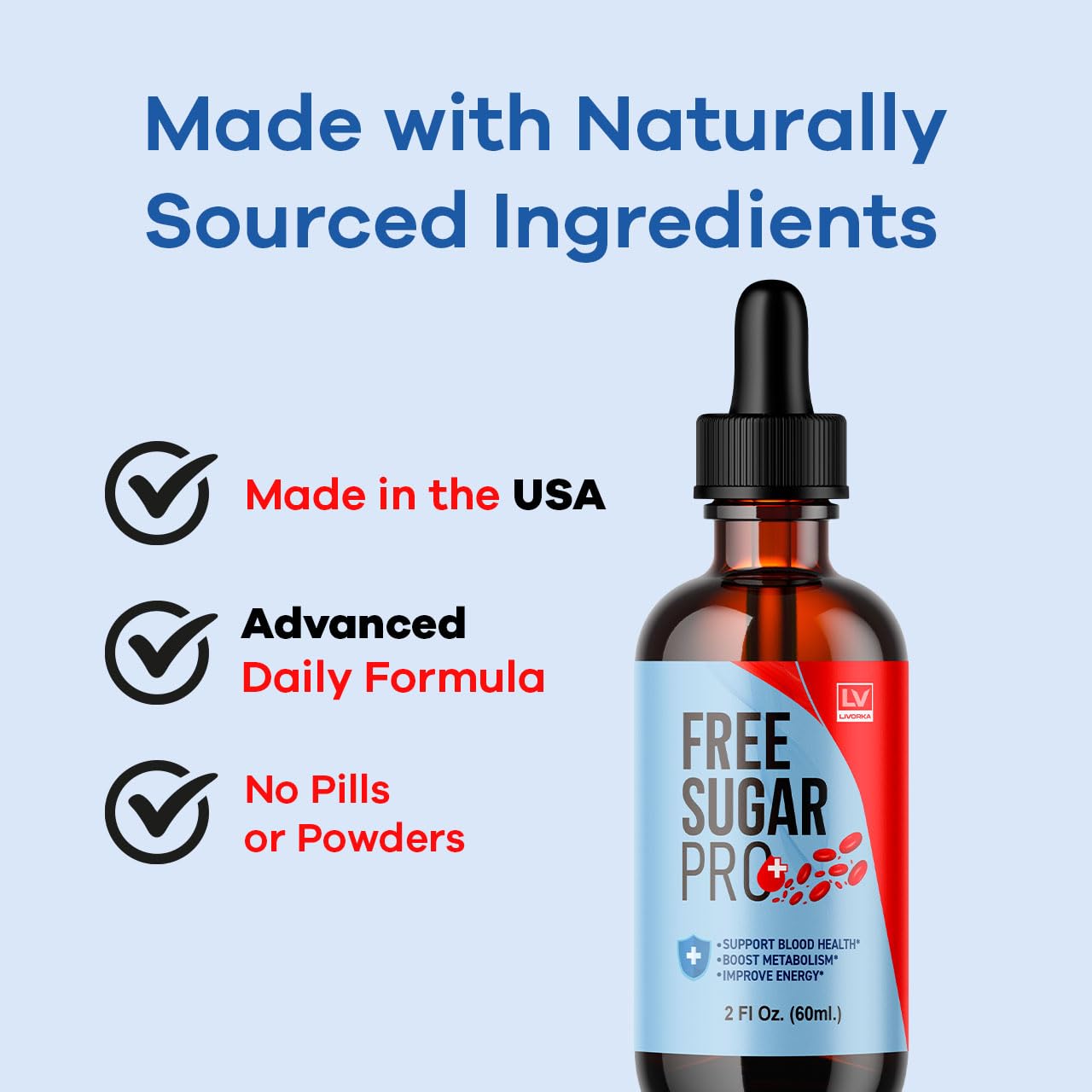 LIVORKA Free Sugar Pro Drops ingredients label, all-natural formula.