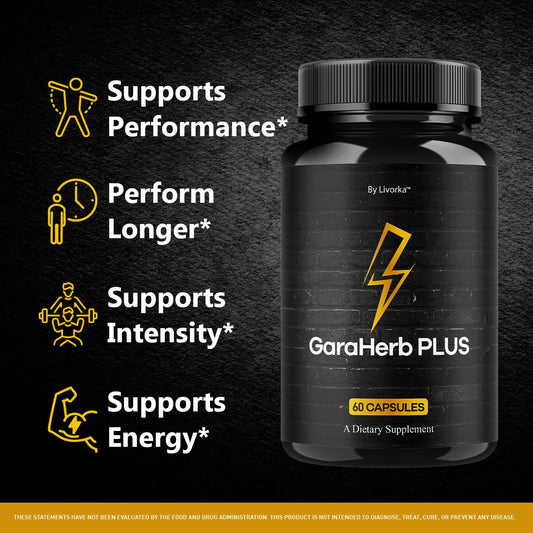 LIVORKA GaraHerb Plus capsules closeup showing a natural herbal supplement.