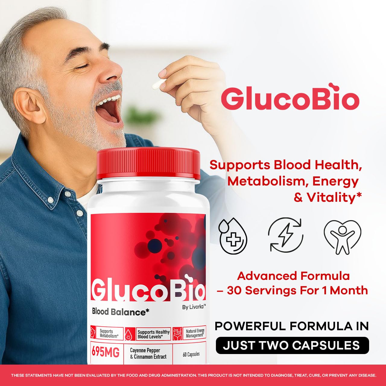 LIVORKA GlucoBio capsules bottle close-up highlighting maximum strength support.