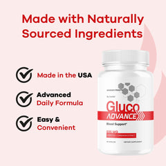 Three Gluco Advance bottles arranged for a three-month supply