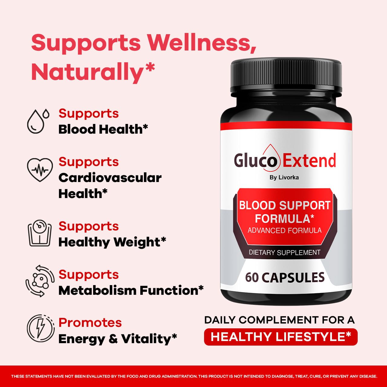 LIVORKA Gluco Extend bottle and pour illustrates quick daily intake.