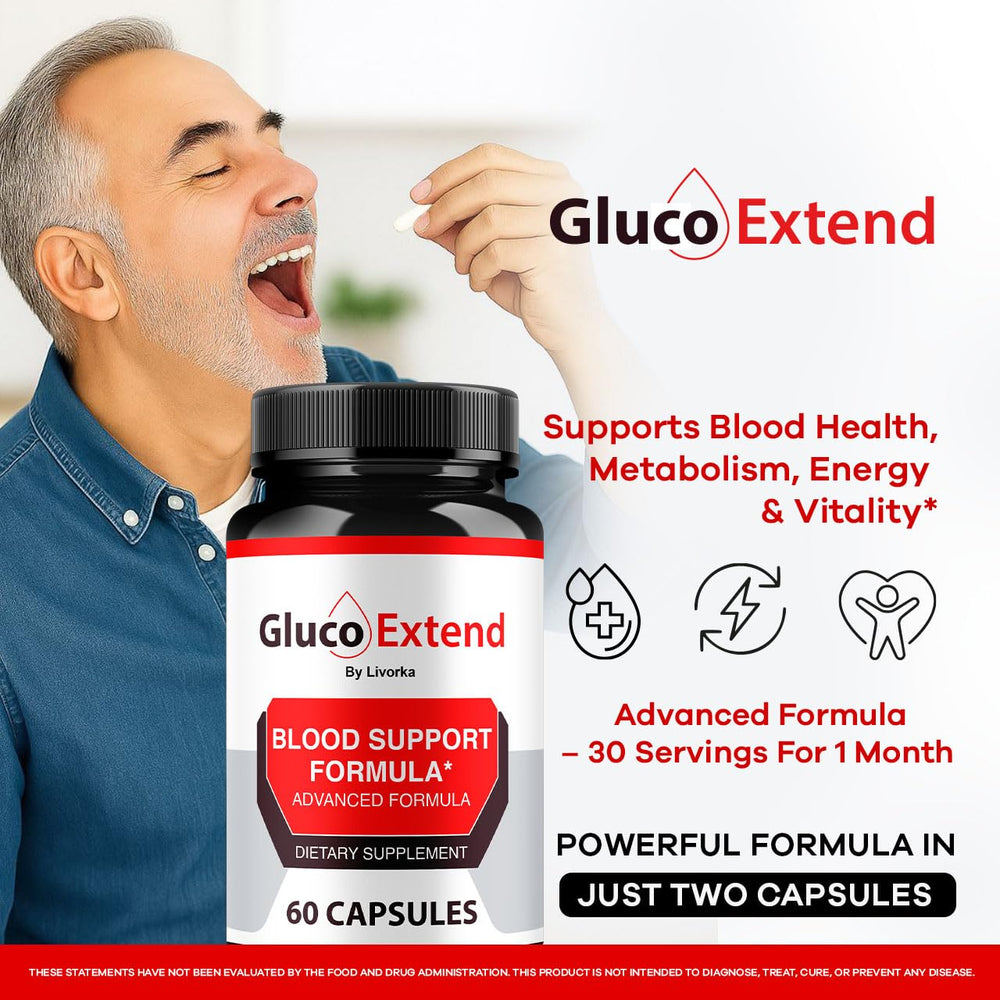 LIVORKA Gluco Extend capsules on a white tray highlighting easy daily dosing.
