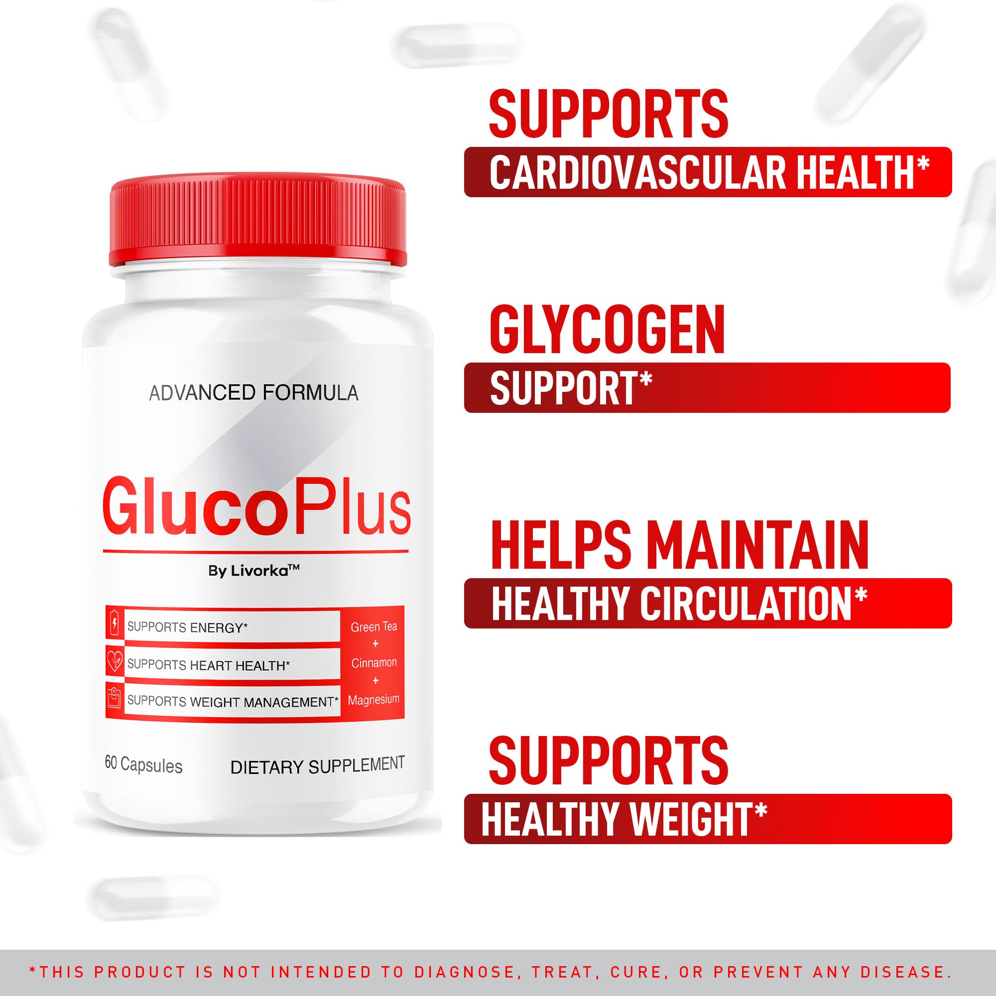 LIVORKA Gluco Plus bottle closeup shows easy-to-swallow capsules.